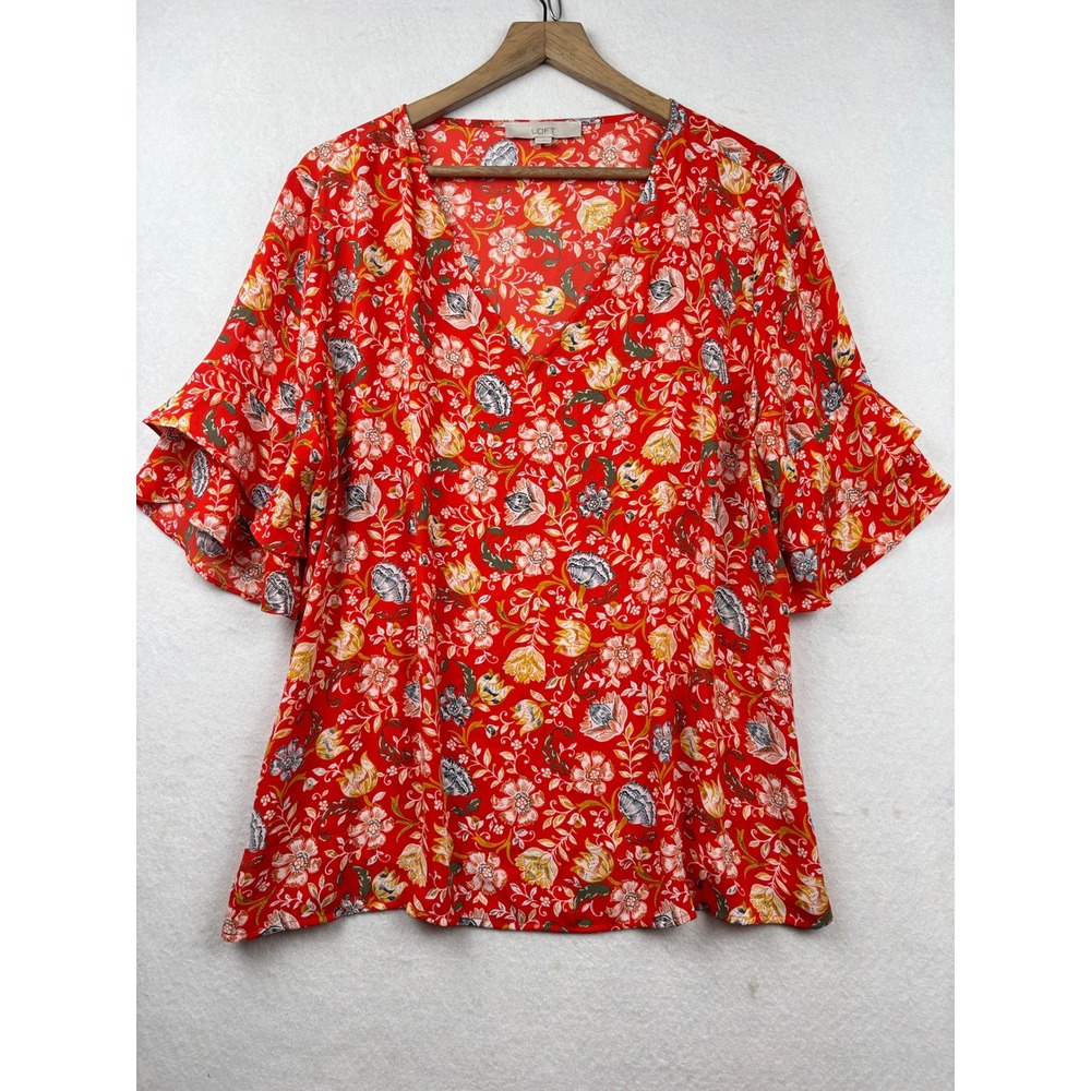 LOFT Blouse Women's XL Tiered Ruffle Sleeve V-Neck Floral Boho Top Romantic